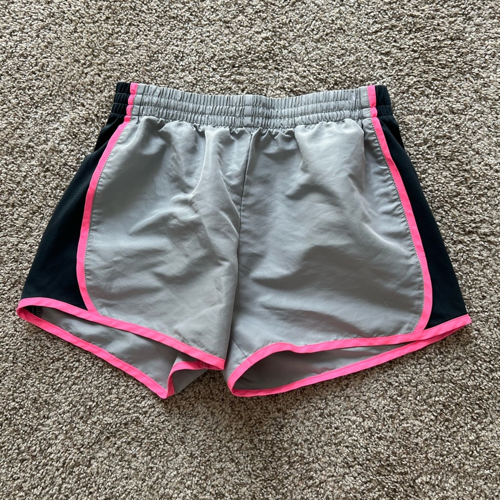 Women grey, hot pink, and black running athletic shorts